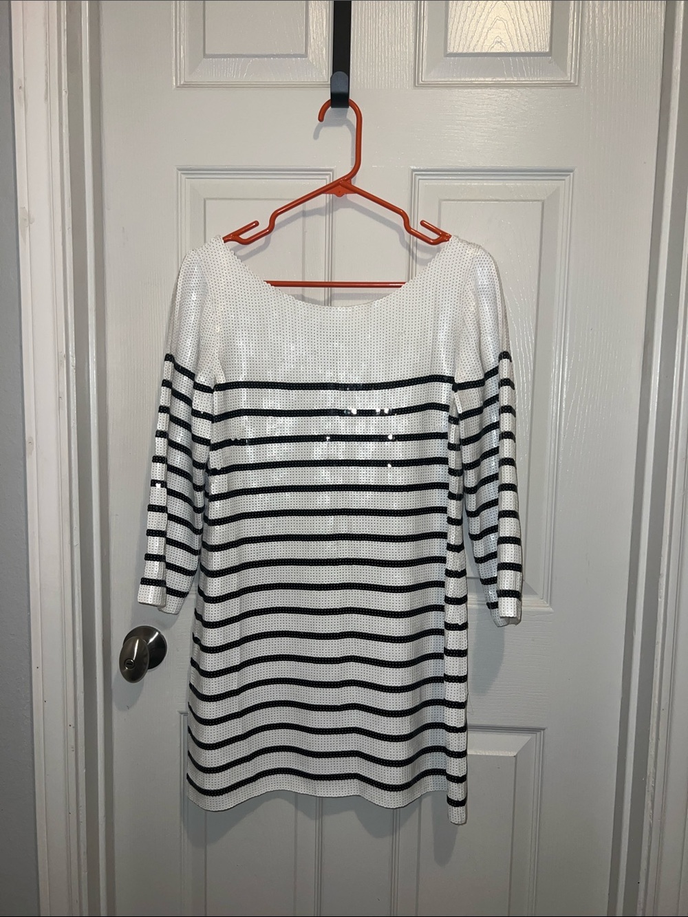 BCBGMaxAzria White Sequin mini dress with Black Stripe Detail